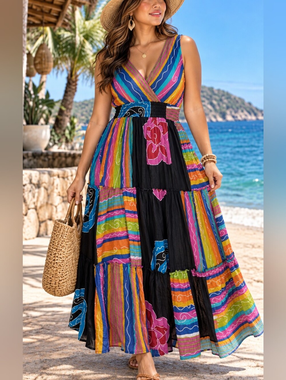The PARAGON Black Multicolor Striped & Floral V-Neck Maxi Dress size XL